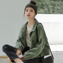 여자 봄 가을 라이더 짧은 데님 자켓 면 캐주얼 그린