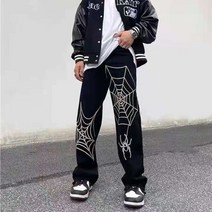 남성 빅사이즈 청바지 반바지 일자 블랙진 스판 emo 패션 alt 스파이더 웹 자수 스트레이트 블랙 바지 찢어진 특대 느슨한 데님 바지 streetwear clothes