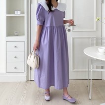 린넨면 배색 둥근카라 반팔 롱 셔링원피스 YY