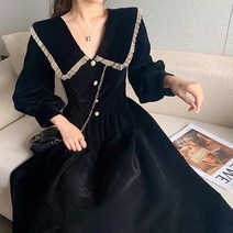 프랑스 복고풍 헤본 바람 골드 벨벳 작은 드레스 새해 검은 드레스 여성복 가을 겨울 작은 검은 드레스