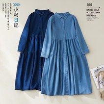 가을 데님 원피스 일선 빅 브랜드 클리어런스 봄 가 긴팔 루즈 셔츠 칼라 화이트 스티치