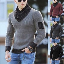 남자머슬핏니트 남성용 니트 넥워머 슬림 긴소매 목도리 카라, 회색