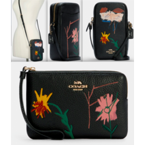 2 JEAN-MICHEL BASQUIAT COACH BLACK FLOWER PRINT Crossbody Bag Wristlet Purse Set