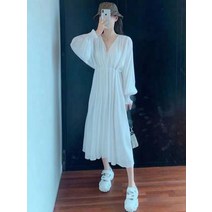 흰원피스 태국 여행함 헤엄치다 하이웨이스트 날씬해 보이는 롱 푸켓 섬 해변 바캉스 레쉬 긴 소매 여성 2084637926, 화이트, S