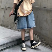 2022 낮은 찢어진 파이브 포인트 청바지 여름 남성 찢어진 반바지 스트레이트 루즈 하라주쿠 스타일