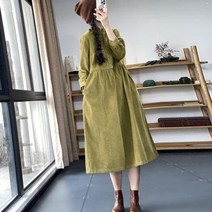 기슭과 가을 겨울 반폴라 솔리드 빈티지 문예 플레이트 하이웨이스트 풀오버 코르덴 원피스