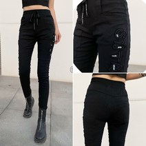 타오 2022 가을 여성 스판 밴딩 간절기 배기 팬츠 여자 빅사이즈 편한 인생 캐릭터 블랙 검정 회색 그레이 9부 긴 바지