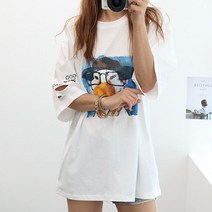 여성 썬오리 구제 반팔 롱티 면티 루즈핏 흰티 라운드 티셔츠