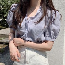 스타일아유 여름 여성 퍼프소매 반팔 블라우스 프렌치 프릴 셔츠 데이트룩 오피스룩