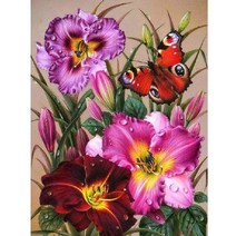 올레보 액자 캔버스형보석십자수 Diy세트 라운드 비즈 핫 제품 꽃 30 X 40 cm, 1세트, G1418.올레보 분홍색 꽃과 나비