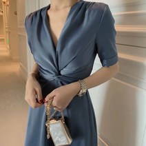 Crzen 실크 원피스 슬림 V넥 반팔 미디 A라인 스커트 드레스 원피스 23N3