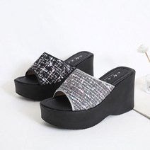 (국내제작)프리티슈 여성 트위드 키높이 통굽 슬리퍼 사무실 뮬 슬리퍼 (10cm)