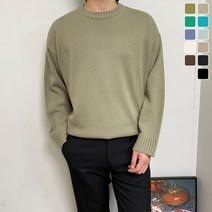 남자 오버핏 니트 데일리 무지 라운드 스웨터 Knit-카키