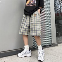 커플룩 체크 반바지 남녀 스트링 팬츠 와이드 5부 일자 건달 멋쟁이 곰돌이 팬츠 선물