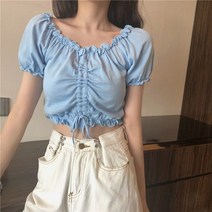 Makone 4컬러 러블리 로맨틱 프릴 셔링 크롭 반팔 블라우스 봄 여름 휴가 비치 바캉스 해변 여자 여성 캐주얼 심플 빈티지 유니크