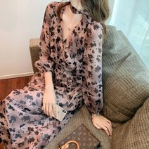[Myshe]여름 잔꽃무늬 쉬폰 원피스 여성 브이넥 긴팔 원피스 Dou2613FEI613LYQ03