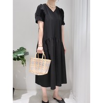 무배 여리 스판 바스락 링클프리 루즈핏 체형커버 주머니 퍼프 셔링 브이넥 롱 반팔 원피스