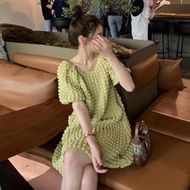 포켓 임부복 빅 사이즈 여성 와플 퍼프 소매 a라인 원피스여름