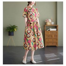 해외여행여름옷 77사이즈 캐주얼 반팔 꽃 프린트 코튼 린넨 미디 드레스 여성용 여름