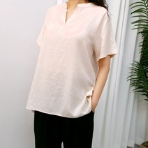 빅걸스토리 린넨 차이나 트임 브이넥 베이직 반팔 블라우스
