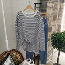 상상그이상 여성용 사계절 루즈핏 잔줄 단가라 스트라이프 티셔츠 기본 라운드넥 가을신상