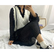 메이비누스 도트 원피스 플레어 잔 땡땡이 롱 치마 쉬폰 셔링