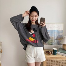 (디즈니정품) 속닥 미키 긴팔티셔츠 / 박스핏 여성 롱 티셔츠