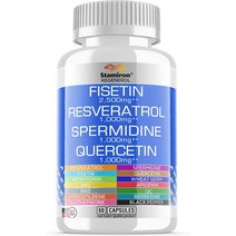 레스베라트롤 1000mg 피세틴 2500mg 케르세틴 1000mg 스페미딘 밀 세균 1000mg 보충제 콜라겐 글루타티온 베르베린 NAD 로디올라 AKG 아피게닌 그라비올라 I3C 강황 함유 - 미국 제조