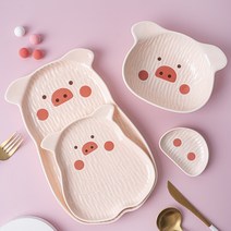 BLOWFISHFUGU 캐릭터 도자기 접시 홈식기 세트 도자기예쁜접시 4피스 캐릭터 접시 4P, 돼지