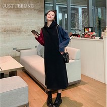 JUST FEEL!NG 맨투맨 롱 원피스 빅 사이즈 300근 임산부 기모 맨투맨 스커트 가을겨울 와이드 배색 원피스