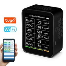 공기질 측정기 복합가스측정기 tuya wifi 6 in 1 공기 품질 감지기 co2 미터 다기능 지능형 pm2.5 tvoc co2 ch2o 온도 습도 감지기, 와이파이 블랙