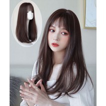 Wigmail 암컷 중간 길이 머리카락 머리카락 머리 공기 앞머리 천연 푹신한 짧은 머리 둥근 얼굴 수리 긴 스트레이트 헤어 전체 머리, 짙은 갈색 보내기 그물