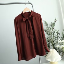 여성 리본 스트랩 쉬폰 긴소매 블라우스 셔츠