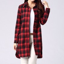 여성 롱 블라우스 봄 가을 의류 면 체크 무늬 셔츠 긴팔