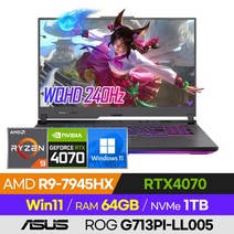 [사은품 증정!] ASUS ROG STRIX G17 G713PI-LL005 롤 배그 오버워치 발로란트 에이펙스 고성능 게이밍 17인치 노트북 (R9-7945HX/RTX4070), 이클립스 그레이, 라이젠9, 1TB, 64GB, 윈도우 포함