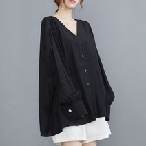 퀸앤조이 소매 진주단추 루즈핏 긴팔 블라우스