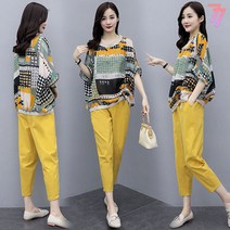 77우먼스 여성 레모나투피스 3컬러 블라우스 팬츠 상하세트 코디세트 데일리 편안한 면마 캐주얼 코디 데일리룩 이월 이월상품 [리현커머스]