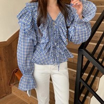 [드레스날다] 로켈 브이넥 체크 프릴 블라우스(mbl1422)