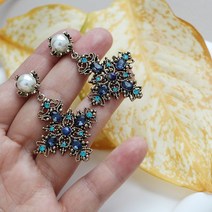 블루 앤틱 빈티지 커스텀 십자가 크로스 드롭 귀걸이