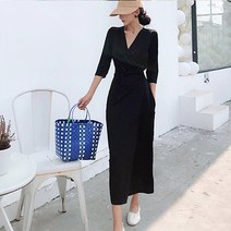 찰랑 쿨링 무지 랩 브이넥 원피스 비치룩 마실룩 리조트룩