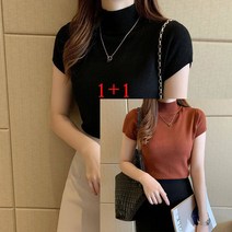 1+1 여성 봄여름 반폴라 얇은 니트 반팔 티셔츠 뉴타임즈 D408J646