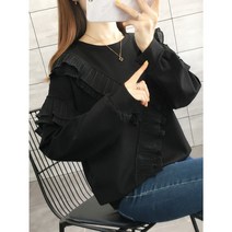 여자여자몰 에스닉 꾸안꾸 브이 러플 라운드넥 세무 맨투맨 스웨트셔츠