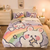 귀여운 캐릭터 이불 커버 누빔 침대커버 고밀도 이불 커버 세트 이불커버 1p + 침대시트 1p + 베개커버 2p 기모를 넣어 보온하다
