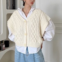 뜨개진 여성용 루즈핏 옆트임 버튼 피셔 꽈배기 티플릿 베스트