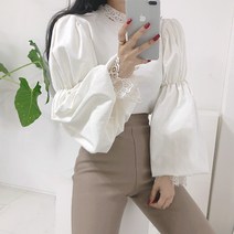 여성용 로투 라운드넥 볼륨 퍼프 블라우스