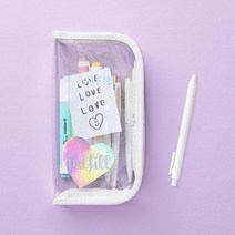 PVC 투명 홀로그램 필통 펜파우치 심플 중학생 고등학생 대학생, 베이비블루