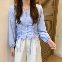 에프터블라우스 디자인감각 보이핏 볼륨 여성 와이셔츠 2022 년 일찍이 봄 브이넥 드로스트링 긴 소매 4071647563