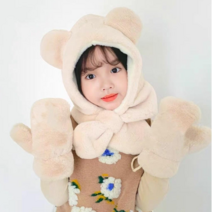 백백이나라 유아동 곰돌이 장갑 후드넥워머 세트