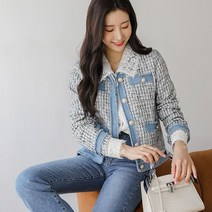 스타일온미 라이트데님 골드 진주 트위드 자켓
