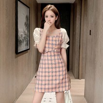 2022 여름 새로운 우아한 한국 스타일 여성 격자 무늬 짧은 소매 허리 슬리밍 드레스 스티치 쉬폰 라인 드레스